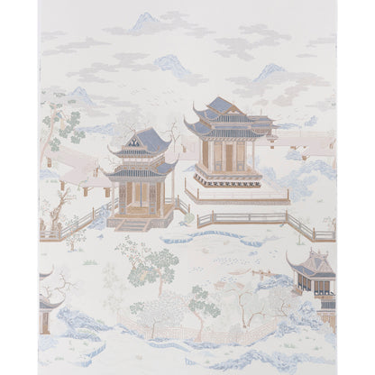 Pastel watercolor of wooden Chinese pavilions on a lake with bridges, trees and distant mountains.