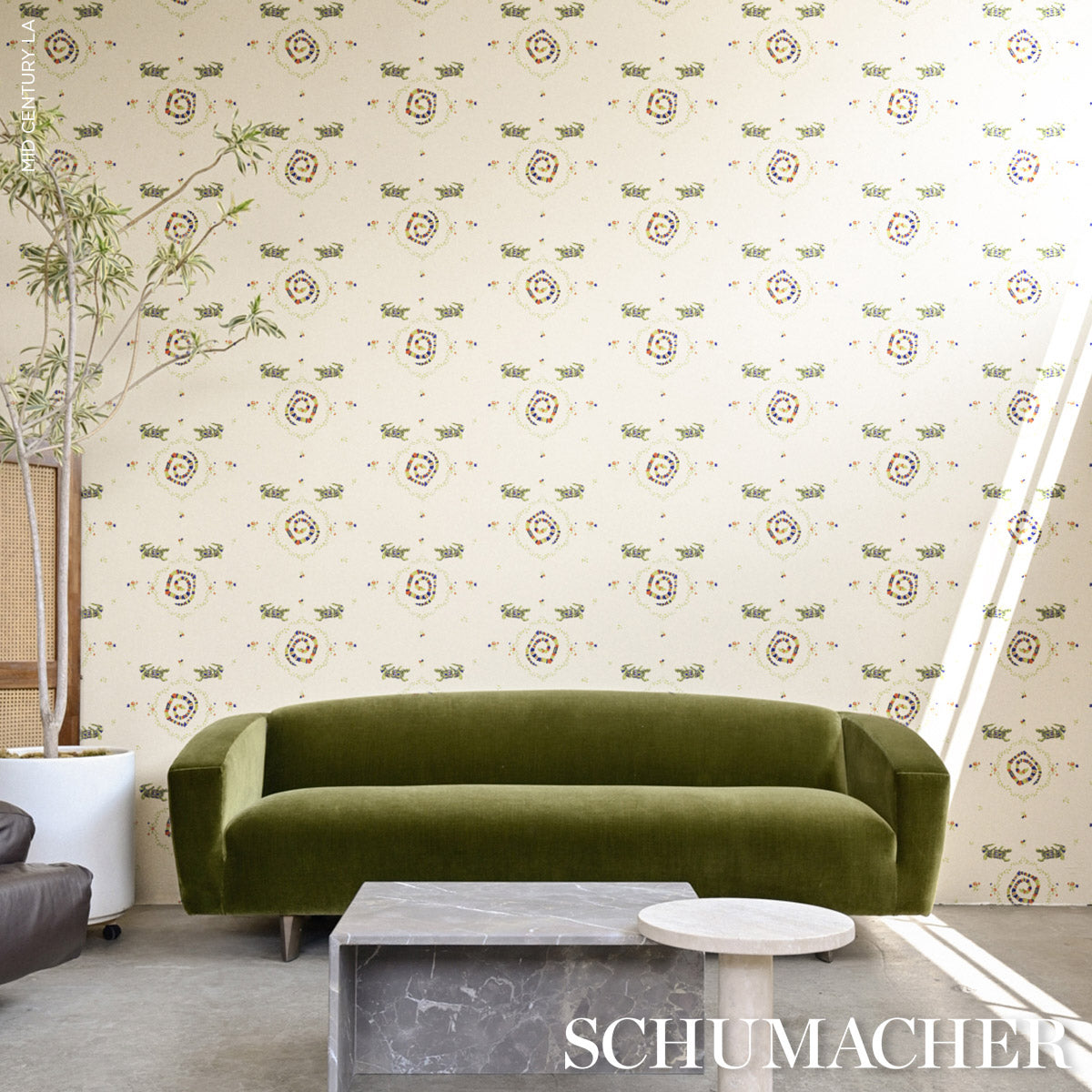 Beige floral wallpaper with subtle olive green accents.