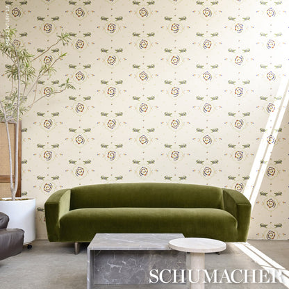 Beige floral wallpaper with subtle olive green accents.