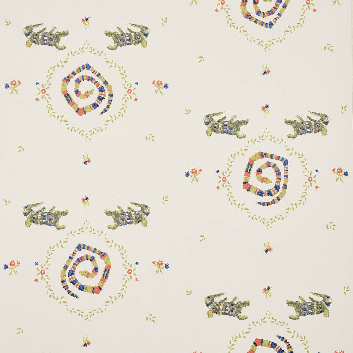 Cream wallpaper with repeating diamond frames, rainbow spiral centers, and delicate floral accents.