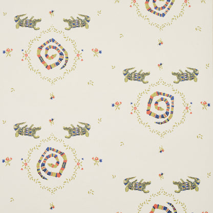 Cream wallpaper with repeating diamond frames, rainbow spiral centers, and delicate floral accents.