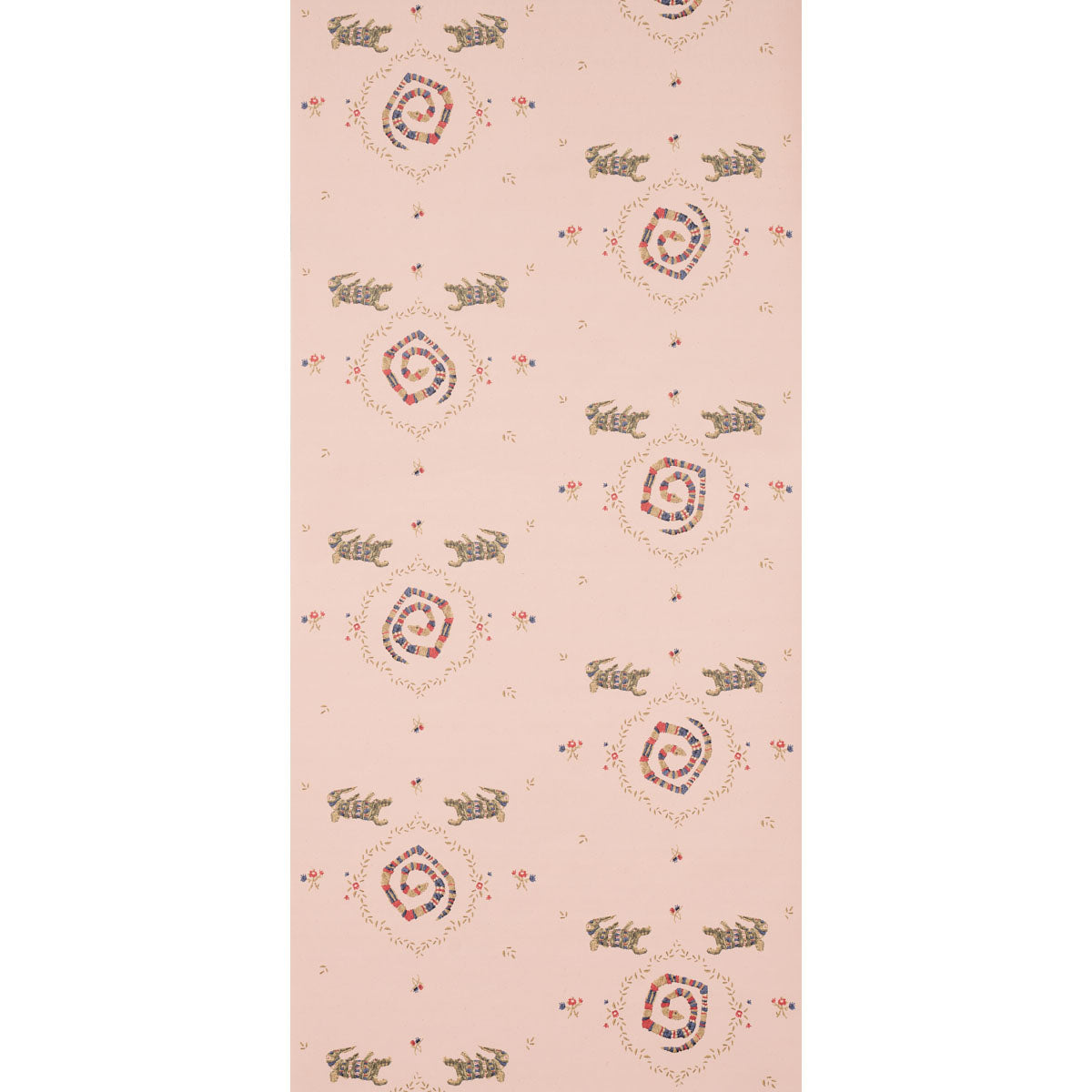 Soft muted pink backdrop fabric with reptile-themed pattern.