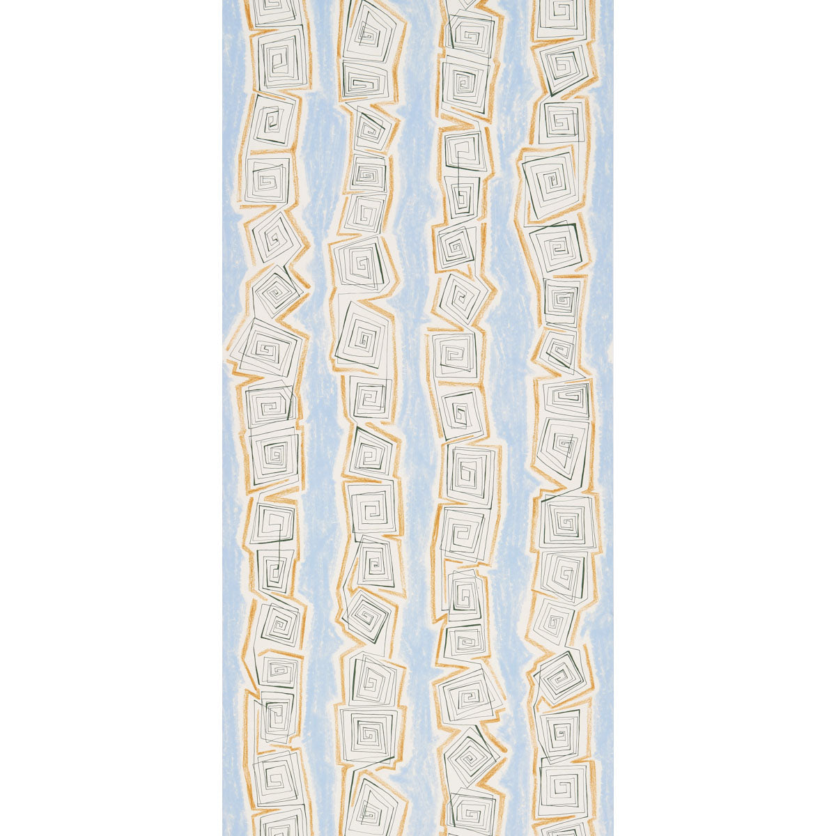 Vertical textile panel featuring cream square spirals in vertical rows on pale blue with gold accents.