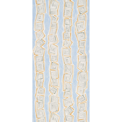 Vertical textile panel featuring cream square spirals in vertical rows on pale blue with gold accents.