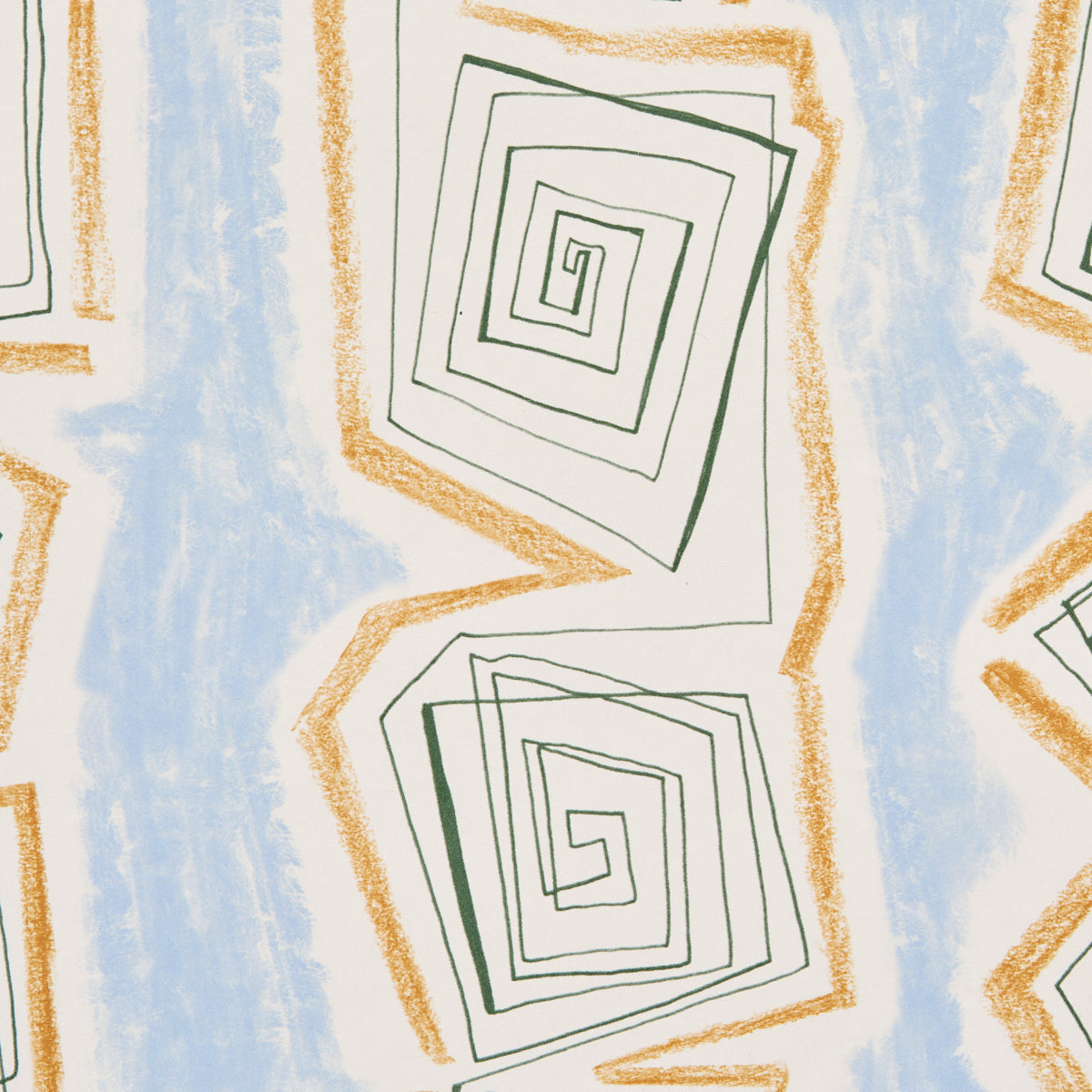 Abstract geometric print with green square spirals on a blue background and orange zigzag outlines; wallpaper decor.