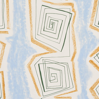 Abstract geometric print with green square spirals on a blue background and orange zigzag outlines; wallpaper decor.