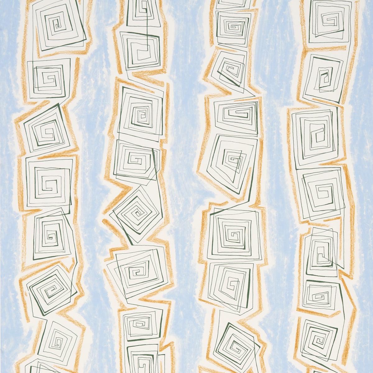 Abstract geometric pattern with gray spiral squares outlined by orange zigzags on pale blue background.