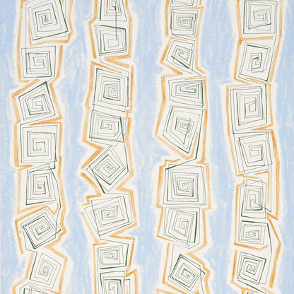 Abstract geometric pattern with gray spiral squares outlined by orange zigzags on pale blue background.