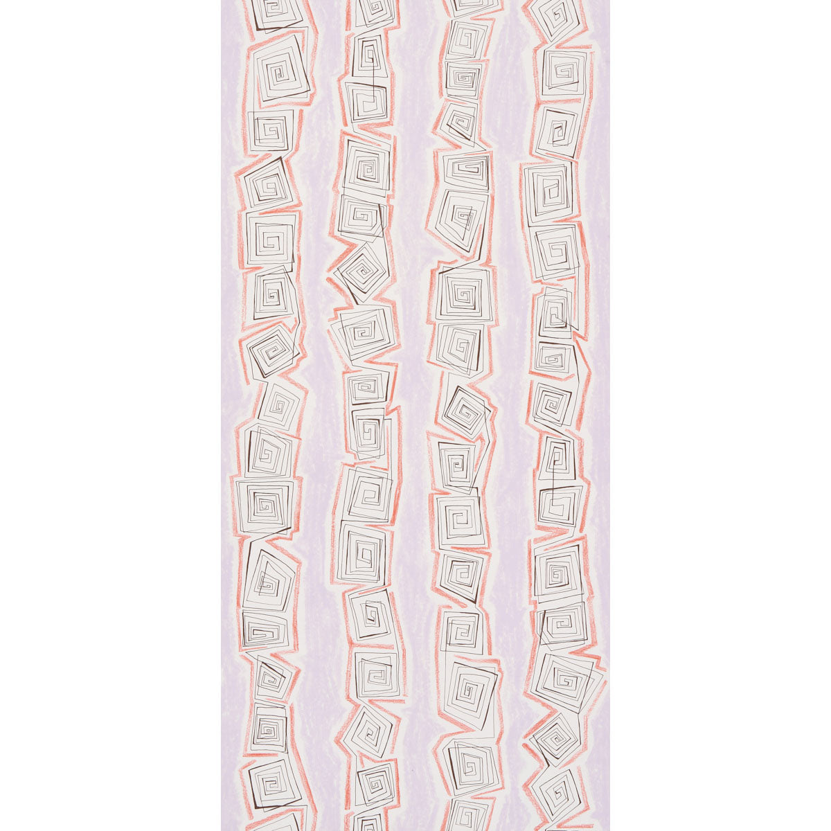 Soft pink fabric scarf with vertical rows of gray-outlined spirals and pink wavy lines.