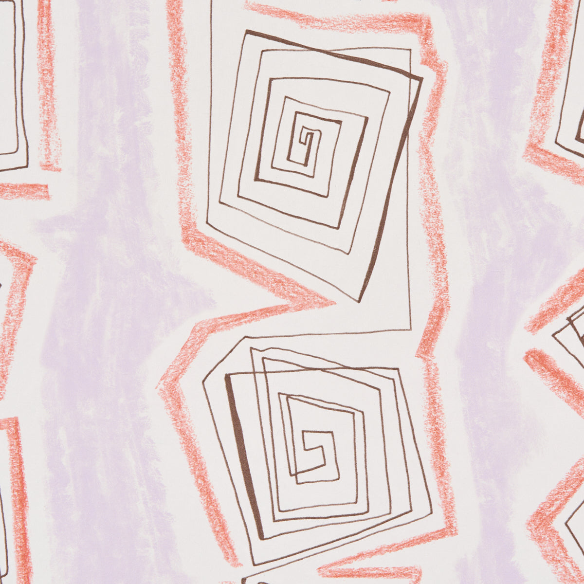 Abstract geometric print: black spiral-square frames with peach borders on lavender background; tiled.