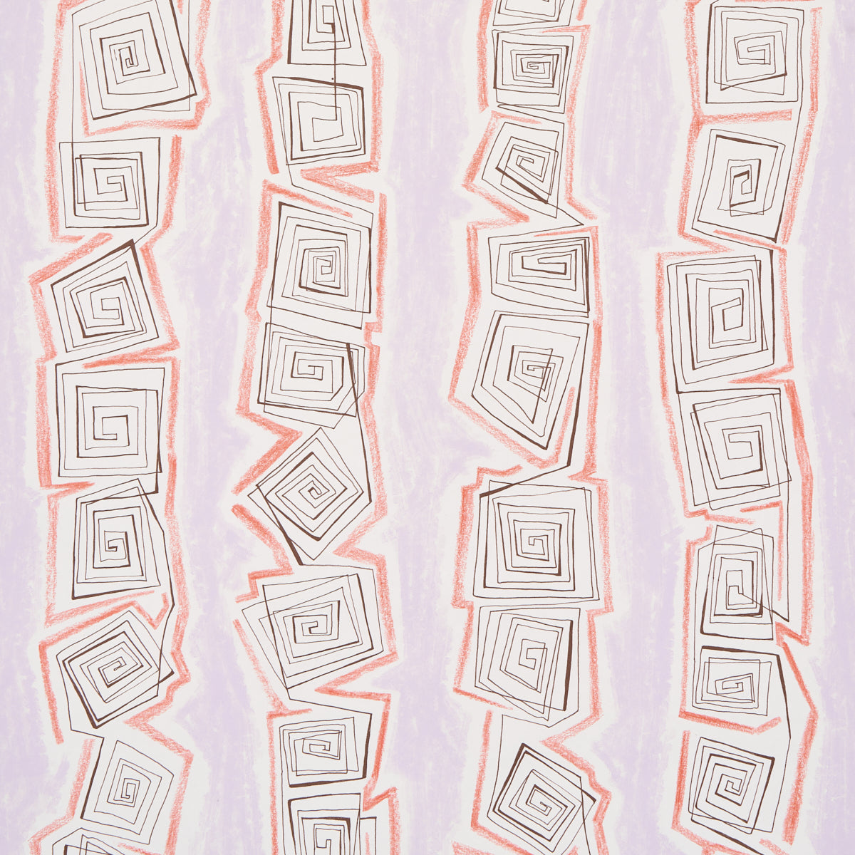 Abstract geometric wallpaper print with vertical spirals in grey outlined squares, coral borders on lavender background.