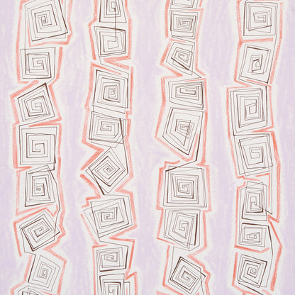 Abstract geometric wallpaper print with vertical spirals in grey outlined squares, coral borders on lavender background.