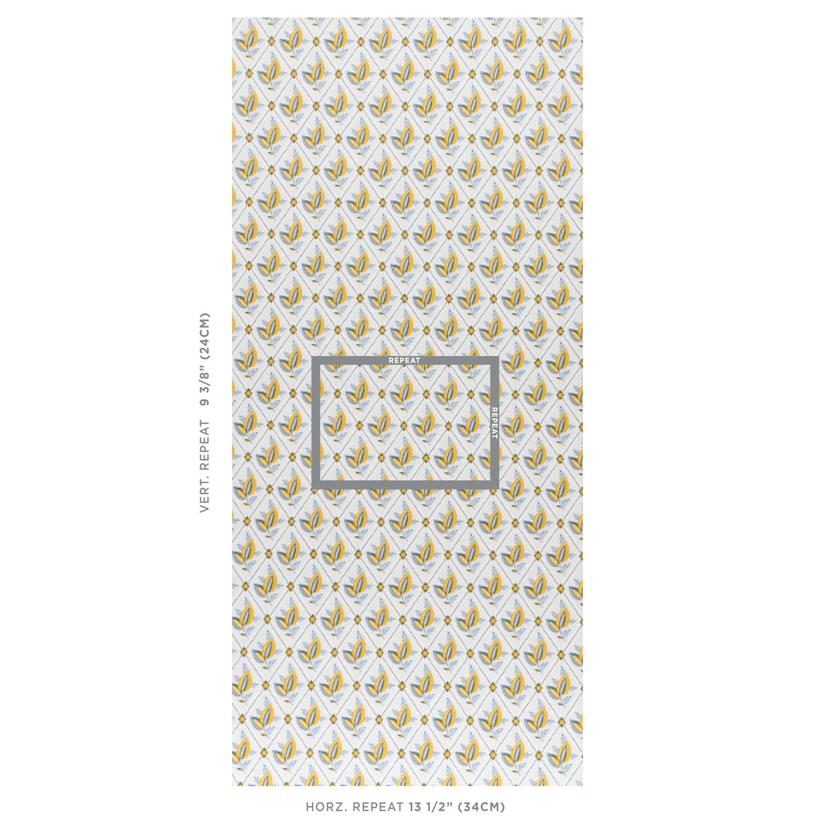 Gold and gray trellis-pattern wallpaper with a white backdrop.