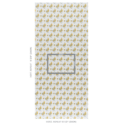 Gold and gray trellis-pattern wallpaper with a white backdrop.