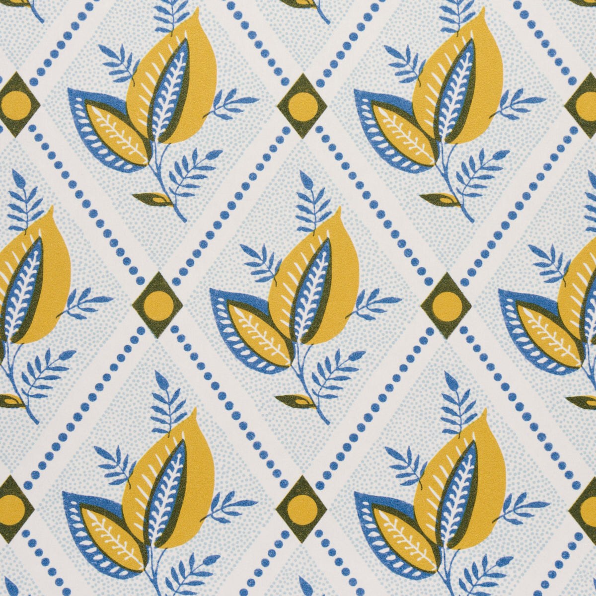 Fabric pattern with yellow and blue leaves in a trellis design, blue dot accents and olive centers on a light background.