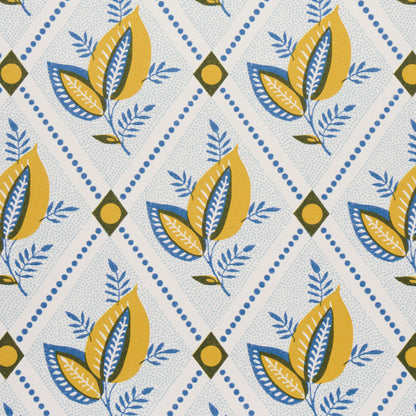 Fabric pattern with yellow and blue leaves in a trellis design, blue dot accents and olive centers on a light background.