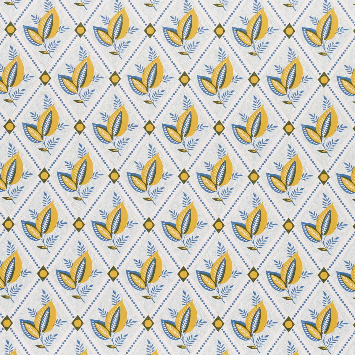 Diagonal repeat wallpaper print of mustard-yellow leaf clusters with blue outlines, pale blue sprigs, and small yellow diamonds.