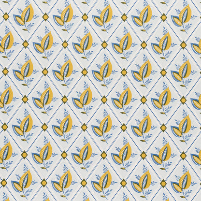 Diagonal repeat wallpaper print of mustard-yellow leaf clusters with blue outlines, pale blue sprigs, and small yellow diamonds.