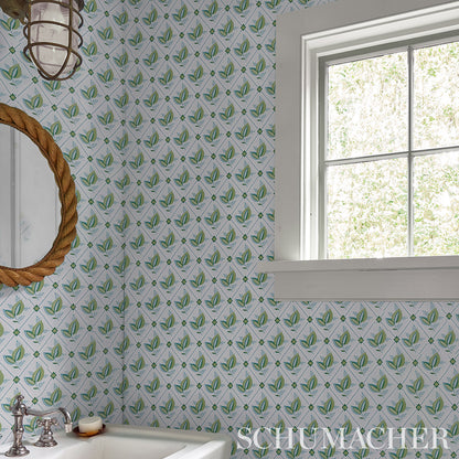 SCHUMACHER WALLCOVERING  NEW TRADITIONAL: PROVEN?????AL BASILE TRELLIS   LEAF & AQUA   - 5014231