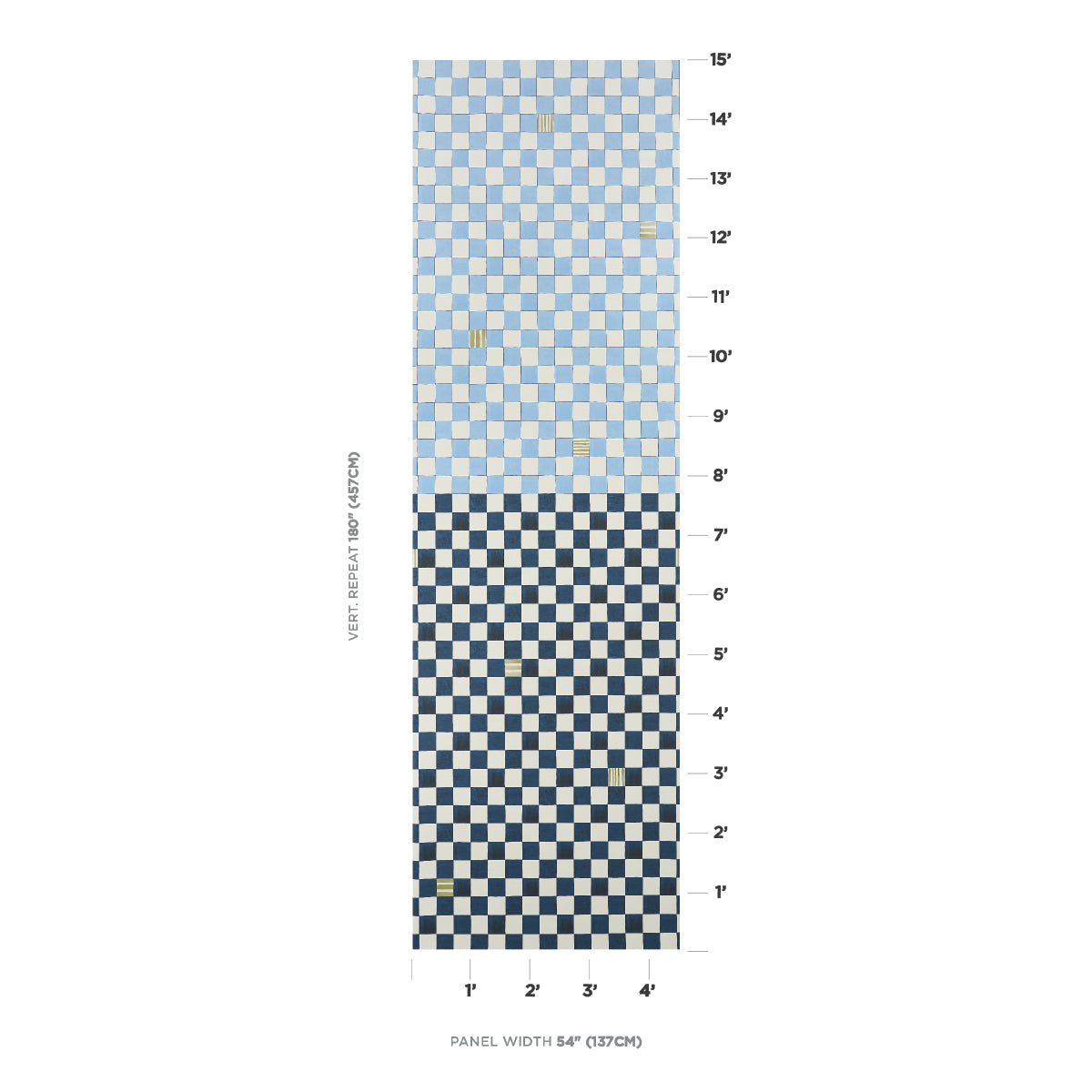 Vertical checkerboard panel: light blue/white top, navy/white bottom; 54 wide with right-side measurement scale.