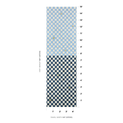 Vertical checkerboard panel: light blue/white top, navy/white bottom; 54 wide with right-side measurement scale.