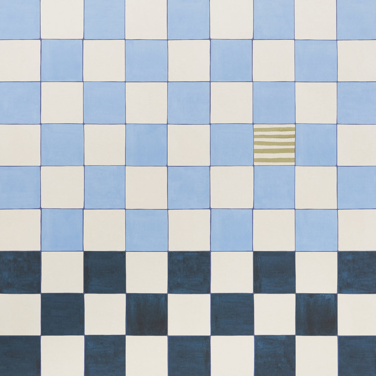 Checkerboard tile pattern in light blue and ivory, fading to dark blue at bottom; one beige striped tile adds contrast.