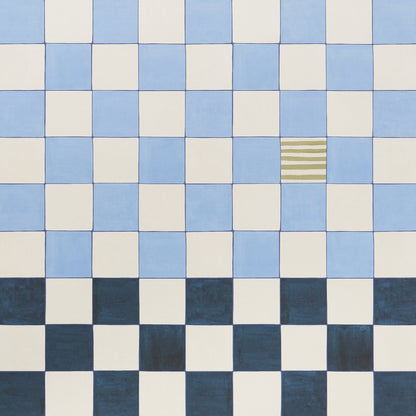 Checkerboard tile pattern in light blue and ivory, fading to dark blue at bottom; one beige striped tile adds contrast.