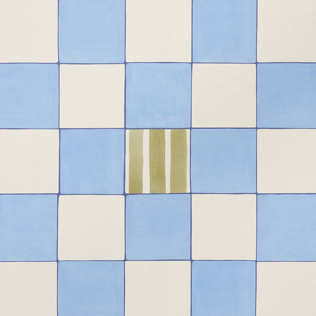 Blue and ivory checkerboard ceramic tiles with a centered olive-striped accent tile.