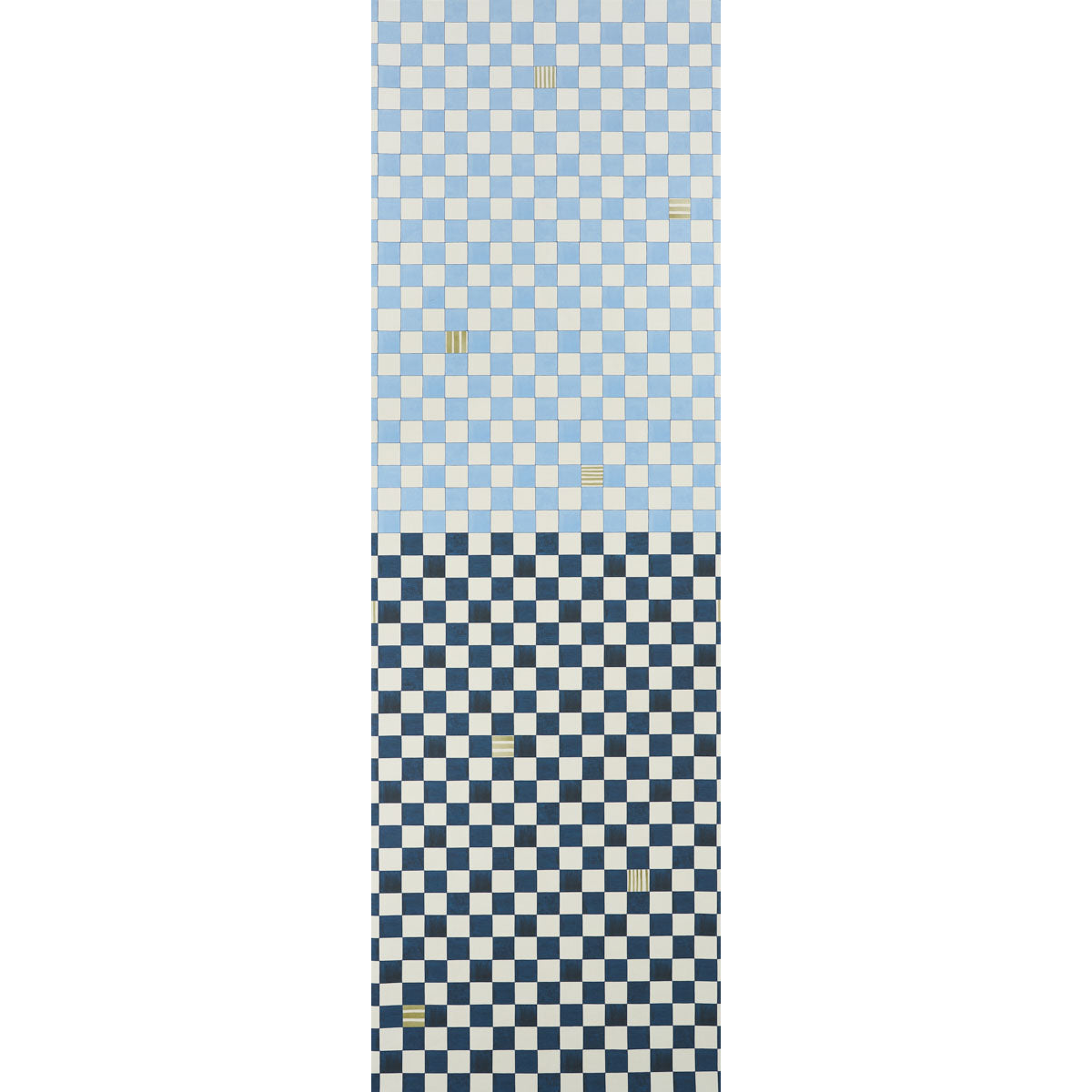 Tall textile panel with two blue checkerboard patterns: light blue and white on top, navy and white on bottom.
