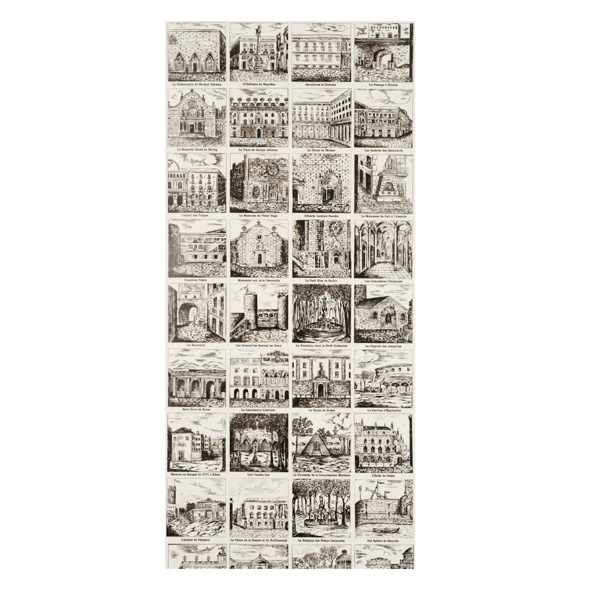 Vertical collage of vintage black-and-white architectural engravings, featuring classical buildings and arches.