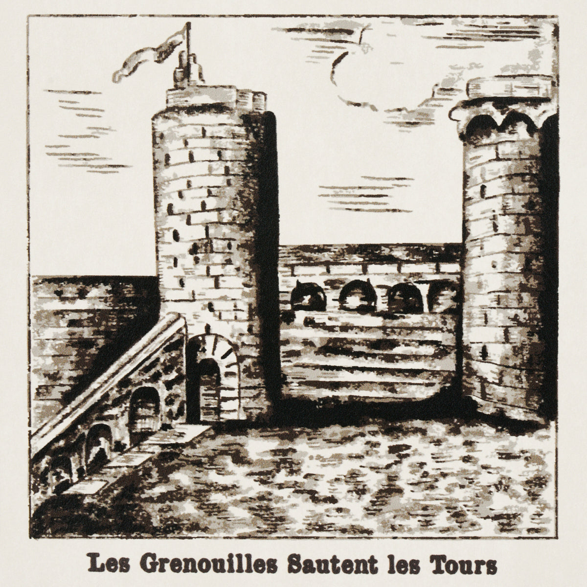 Black-and-white ink illustration of a medieval stone fortress with two round towers, arched gate and stone stair ramp.