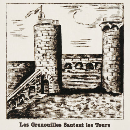 Black-and-white ink illustration of a medieval stone fortress with two round towers, arched gate and stone stair ramp.