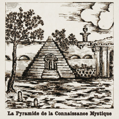 Monochrome etching of a stepped stone pyramid in a garden, with arches, columns, a statue and trees.