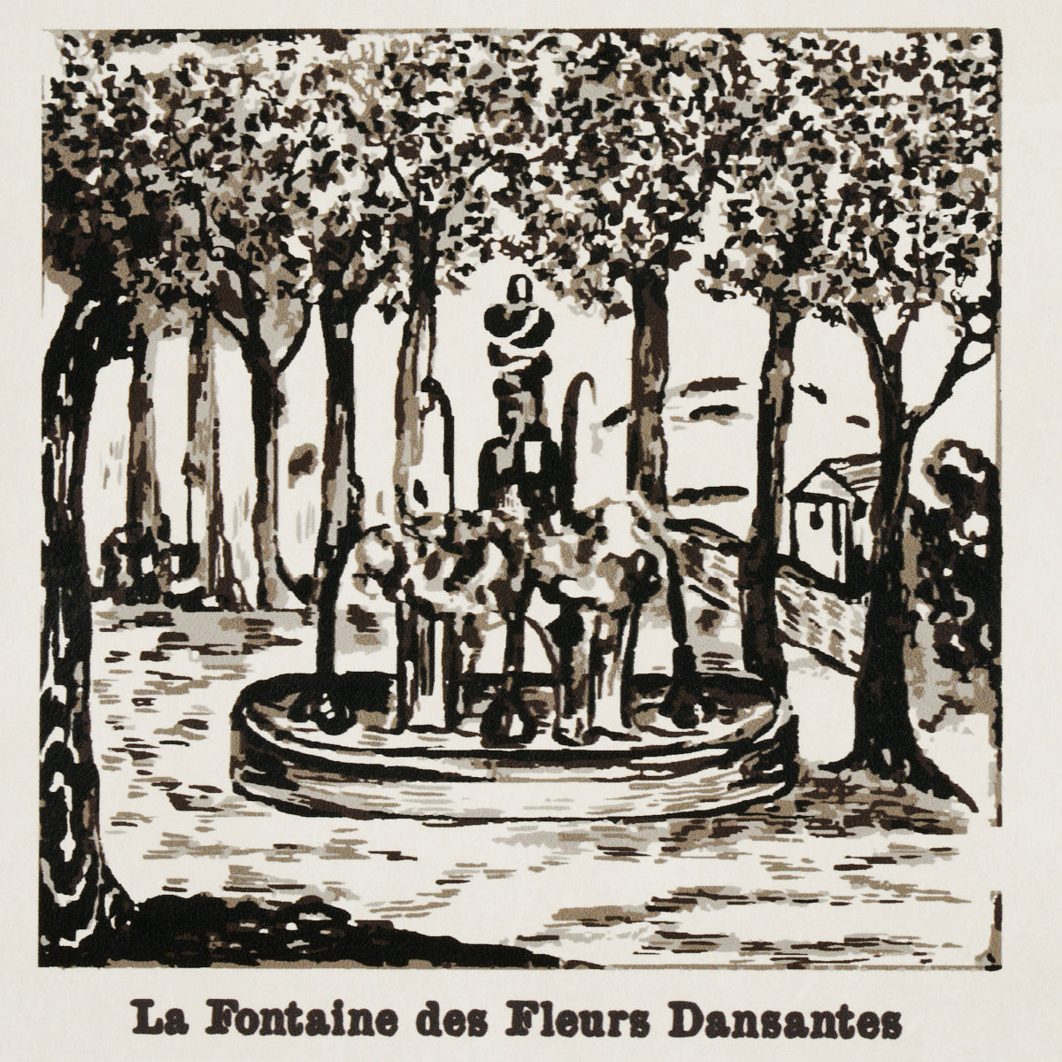 Black-and-white ink illustration of a circular park fountain with a statue, surrounded by tall trees.