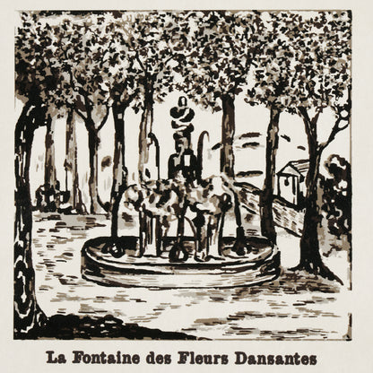 Black-and-white ink illustration of a circular park fountain with a statue, surrounded by tall trees.