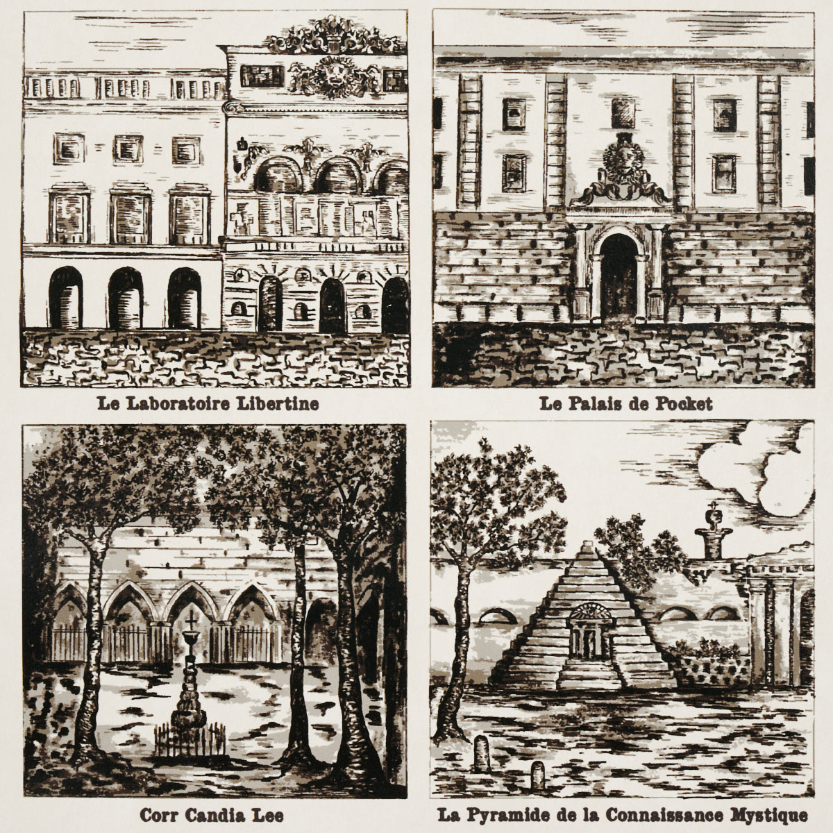 Four-panel vintage black ink engravings of classical buildings and a pyramid; decorative architectural scenes.
