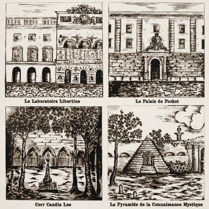 Four-panel vintage black ink engravings of classical buildings and a pyramid; decorative architectural scenes.