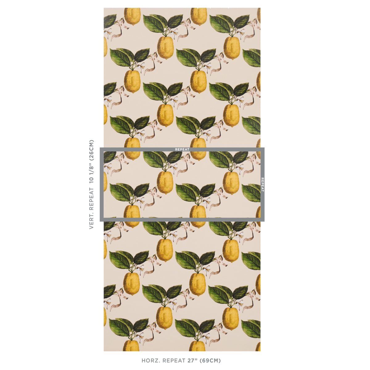 Beige lemon-and-leaf wallpaper featuring yellow lemons and green leaves in a vintage repeating botanical pattern.