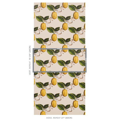 Beige lemon-and-leaf wallpaper featuring yellow lemons and green leaves in a vintage repeating botanical pattern.