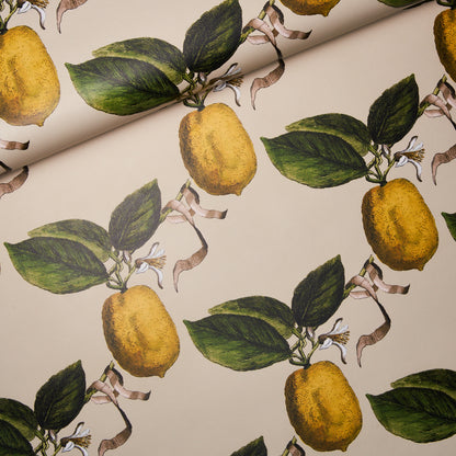 Beige fabric pattern with yellow lemons, green leaves and twisting brown vines; fresh, vintage botanical print.