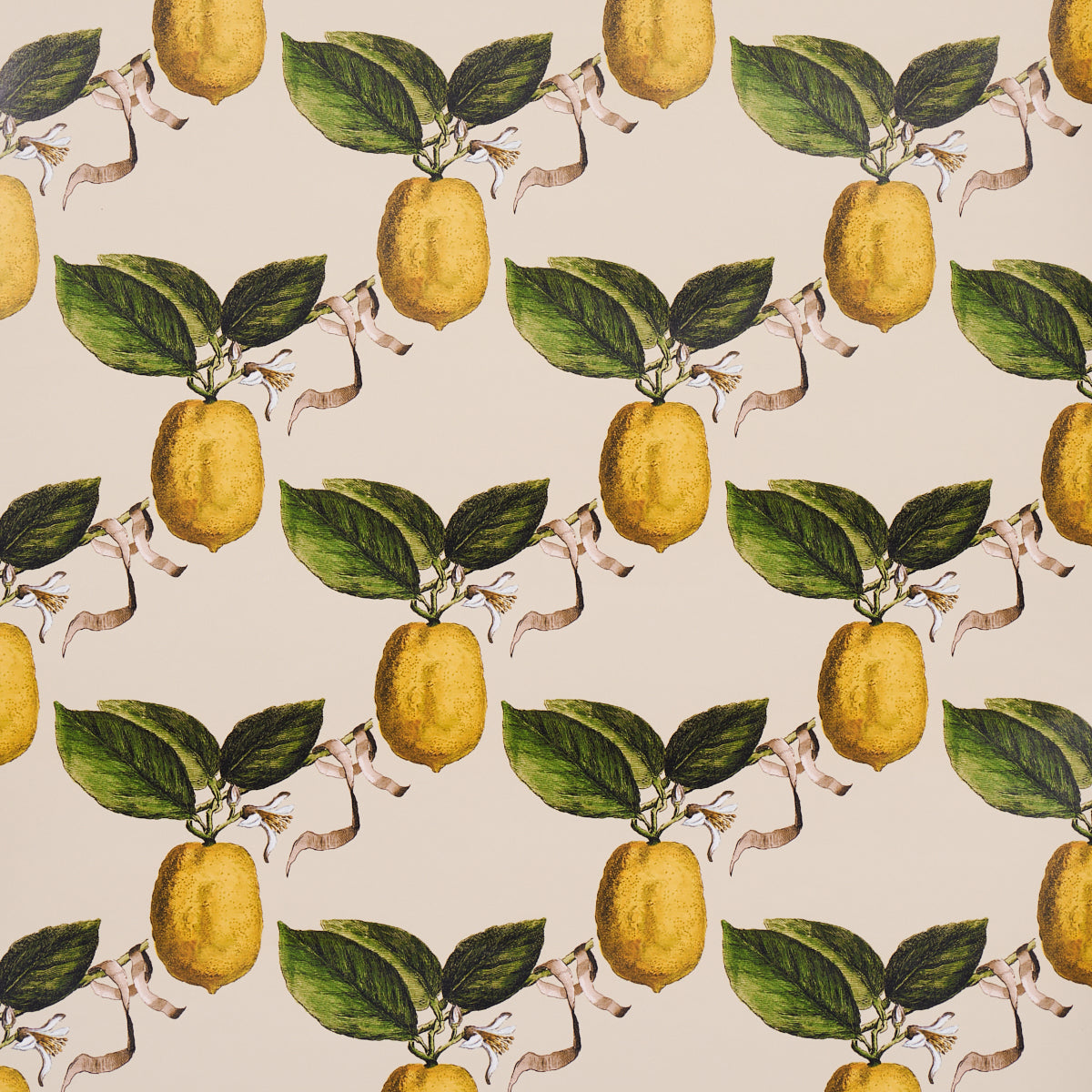 Repeating pattern of yellow lemons with green leaves and light brown branches on a beige background.