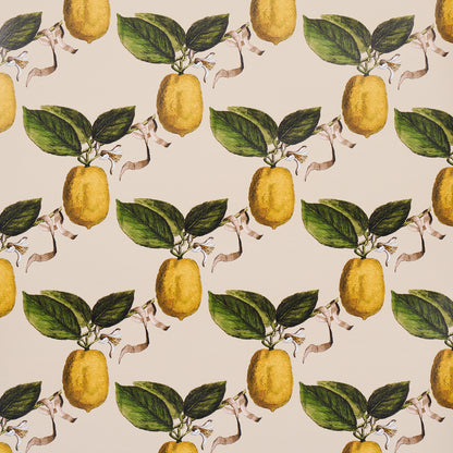 Repeating pattern of yellow lemons with green leaves and light brown branches on a beige background.