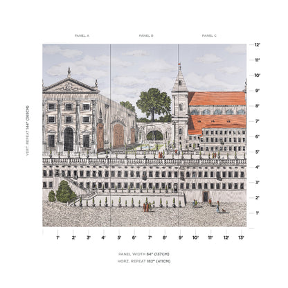 Triptych watercolor print of a historic European plaza with stone buildings, stairs, arches, trees, and red-roofed church.