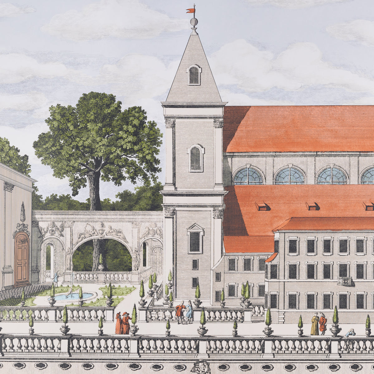 Historic stone building with red-tiled roof, tall gray clock tower, arched windows, fountain, and people in a city square.