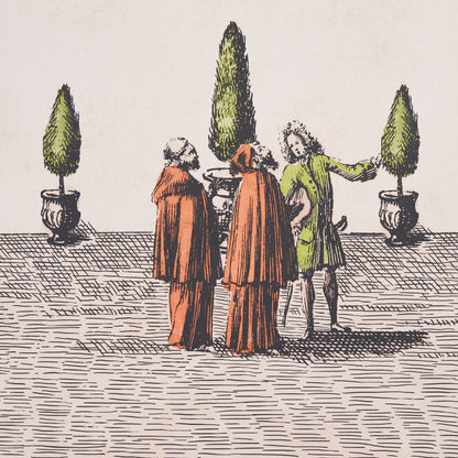 Vintage illustration of three people in orange robes and a green coat in a courtyard with tall potted topiary trees.