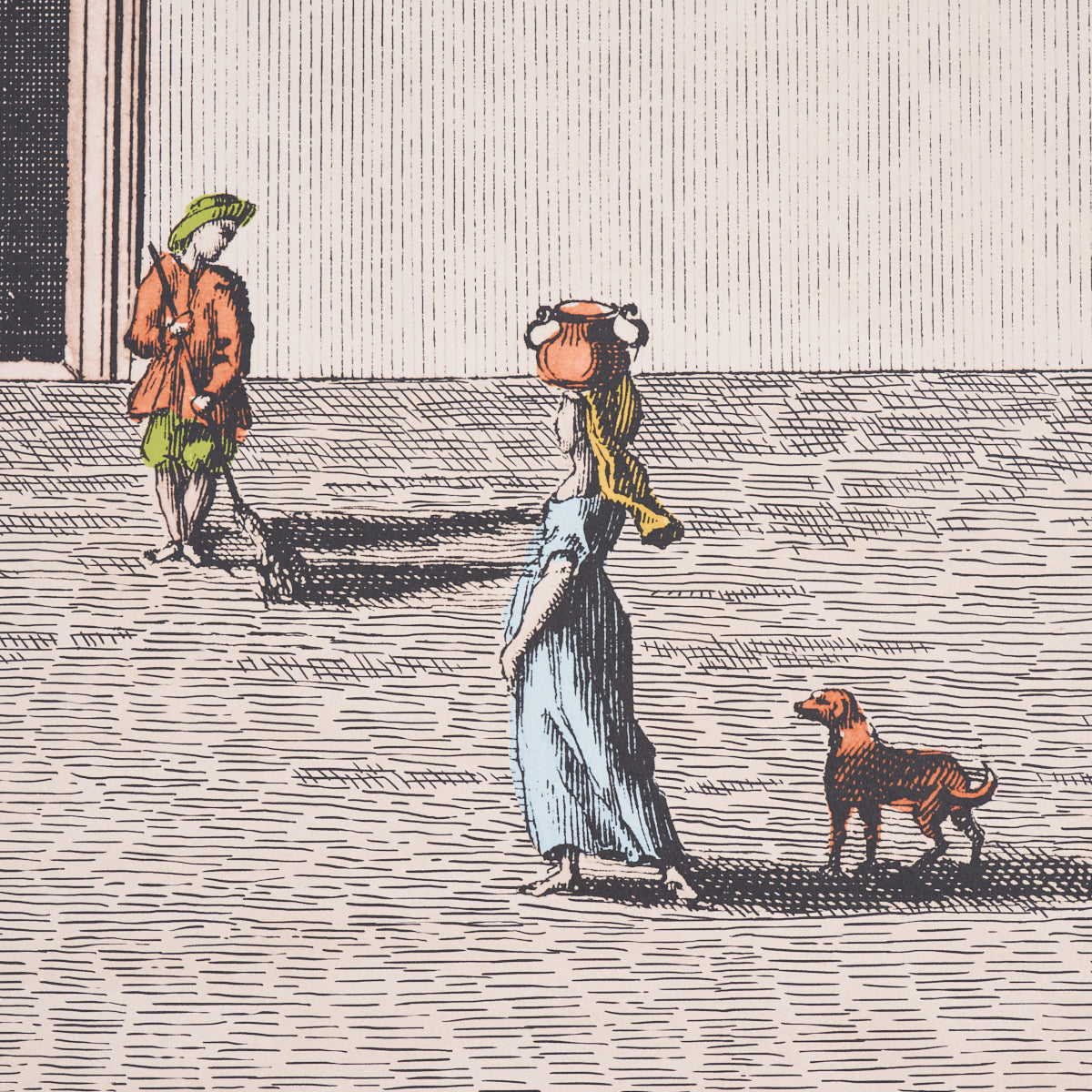 Vintage engraving: woman in blue dress carrying a pot on her head, brown dog nearby, man in orange coat & green hat.