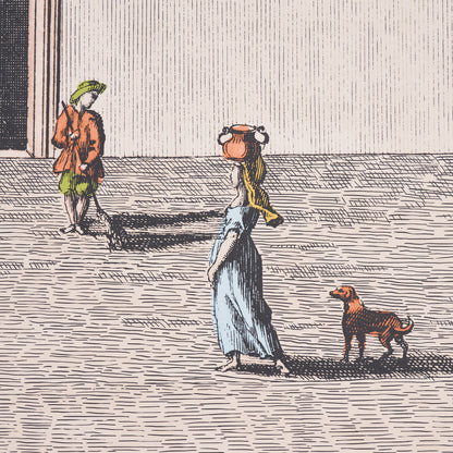 Vintage engraving: woman in blue dress carrying a pot on her head, brown dog nearby, man in orange coat & green hat.