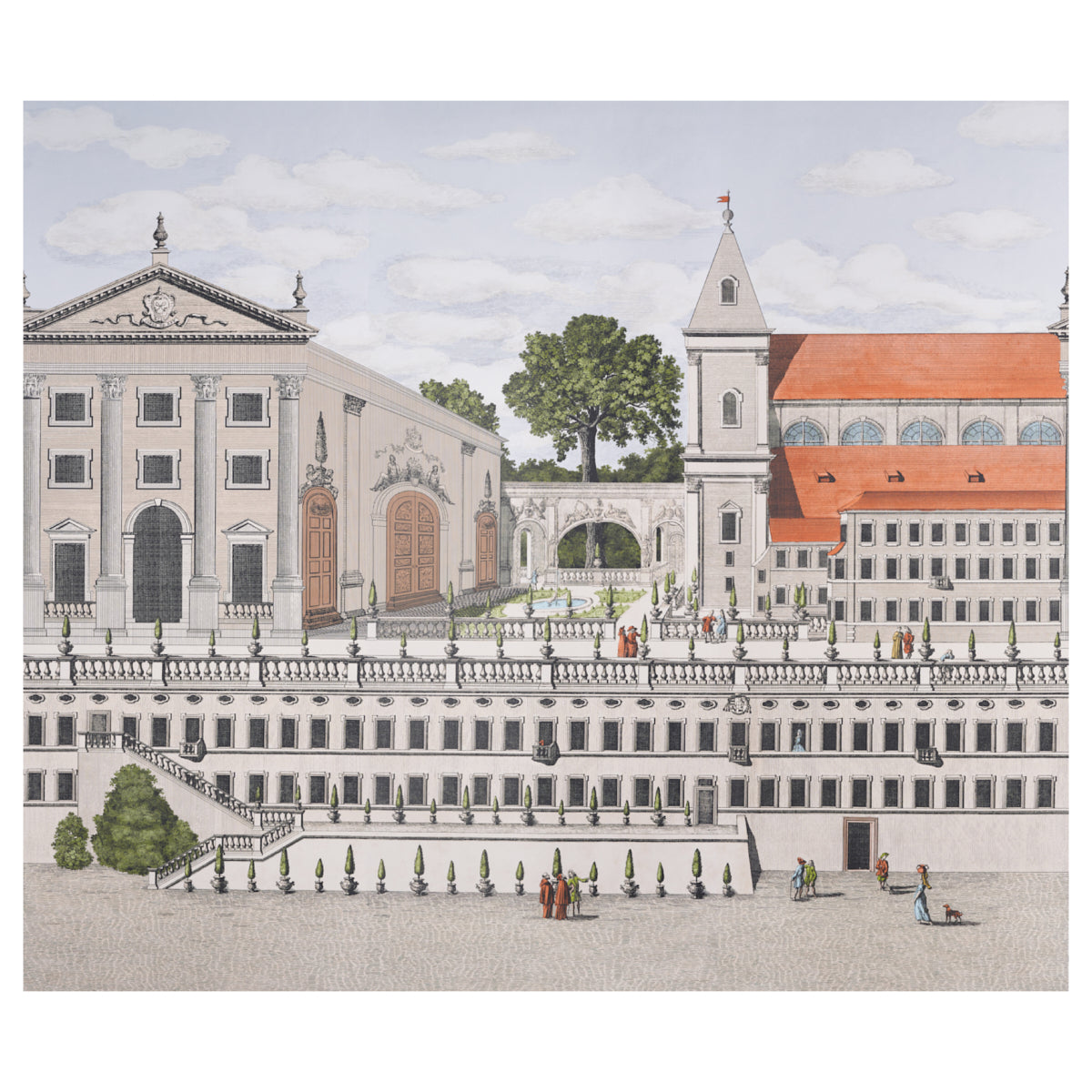 Painted illustration of a grand neoclassical plaza with terraced stairs, arches, trees, and a red-roofed church; people strolling.
