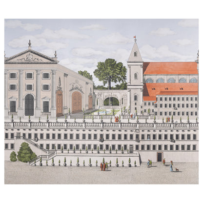 Painted illustration of a grand neoclassical plaza with terraced stairs, arches, trees, and a red-roofed church; people strolling.