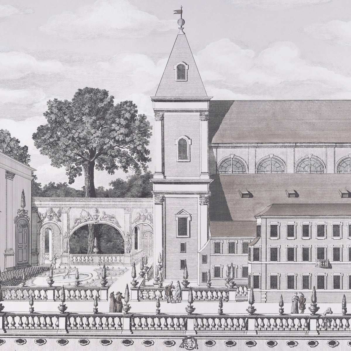 Grayscale architectural illustration of a historic church complex, tall central tower, arched windows, balustraded courtyard.